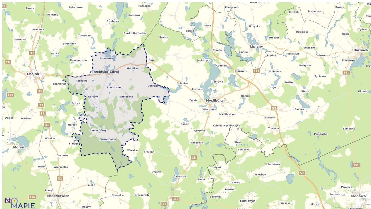 Mapa obszarów ochrony przyrody Trzcińska-Zdroju